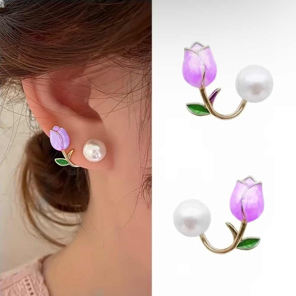 Trendy Elegant Purple Tulip Flower Pearl Stud Earrings, Women's‎ Stud Earrings